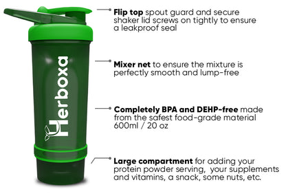 Herboxa Shaker Bottle with flip top, mixer net, completely BPA and DEHP-free, with large bottom compartment