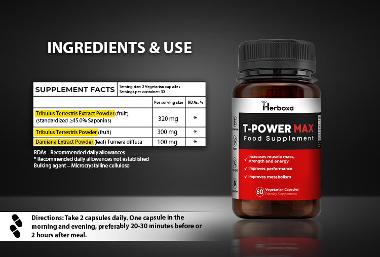 Herboxa T-Power Max supplement facts label